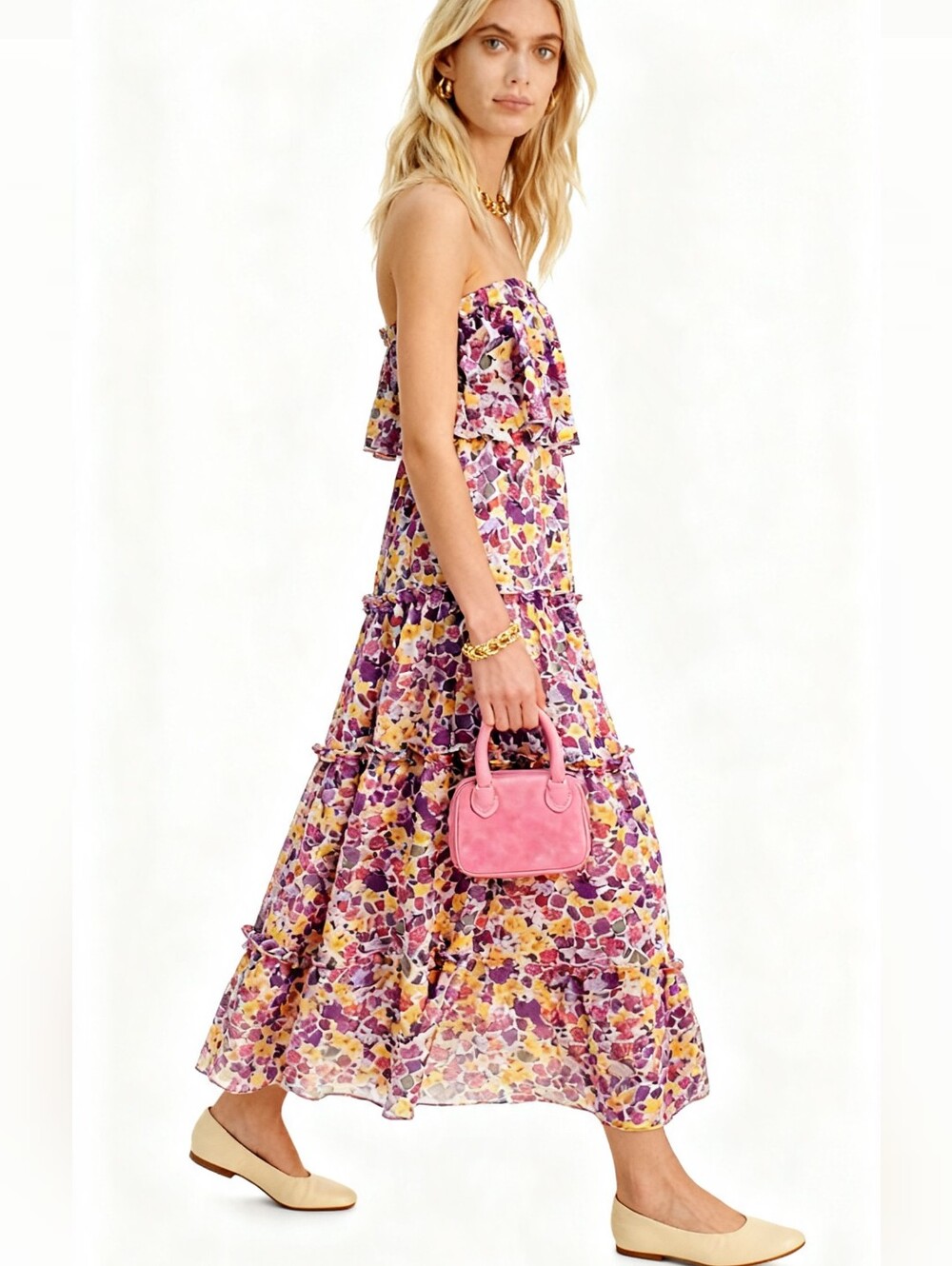 NEW! Pinup Fashion Strapless Ruffle Floral Maxi Dress Size L